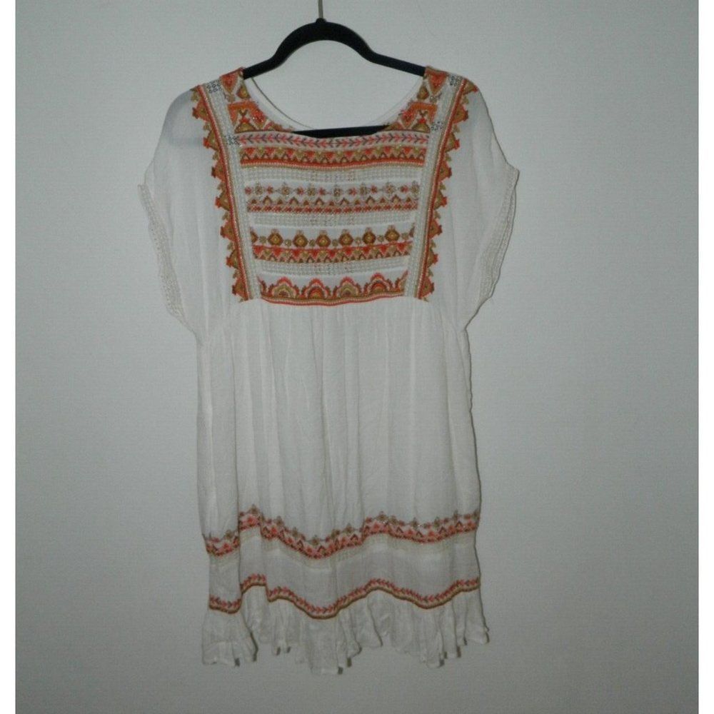 Free People Sunrise Wanderer Ivory Orange Embroidered Mini Dress - Size Small - Picture 14 of 16